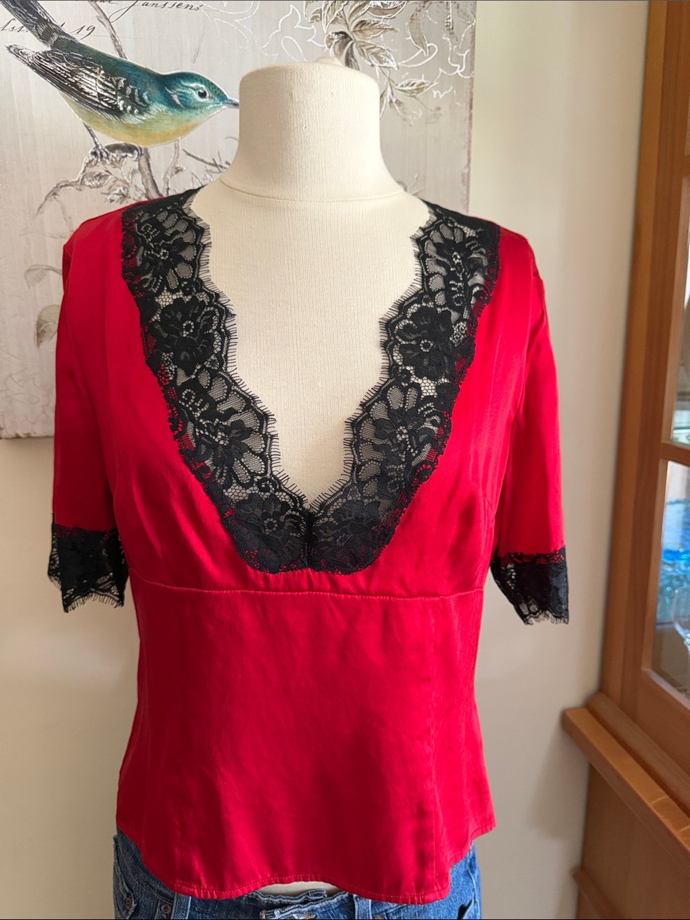 Moda International Victoria’s Secret Red stretch silk Top with Black Lace Trim